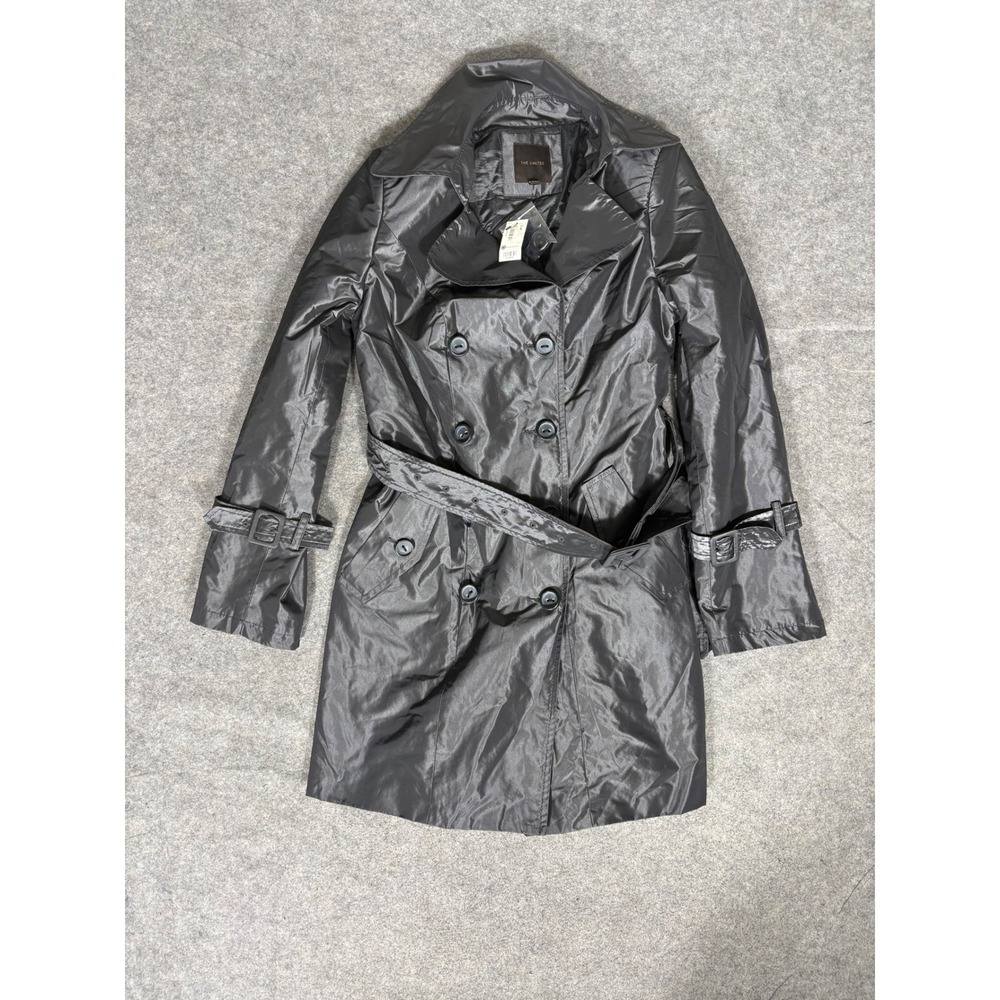 The Limited Womens Metallic Charcoal Gray Double Breasted Trench Coat Small‎ NWT